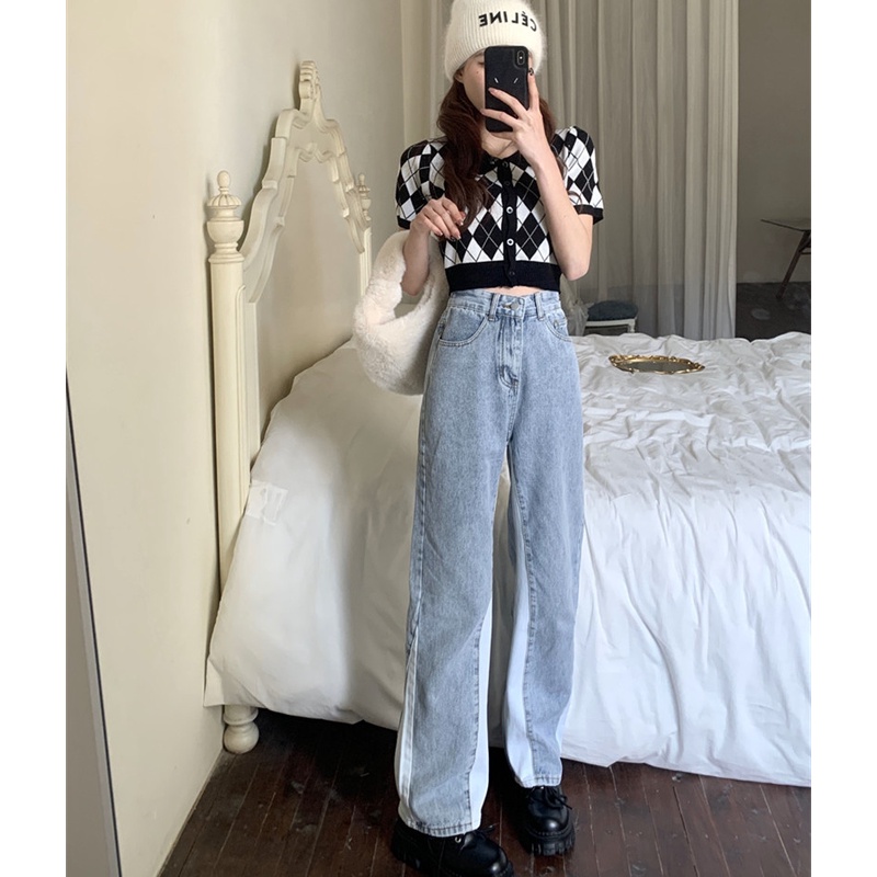 Quần Jean Ống Đứng Thêu Chữ Phối Màu Tương Phản Thời Trang