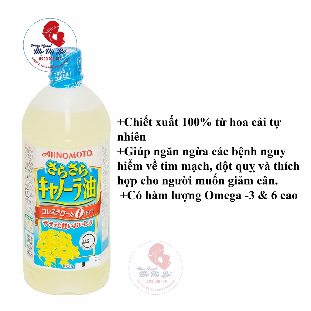 Dầu ăn hoa cải Ajinomoto 1000gr Nhật Bản, dầu ăn hữu cơ an toàn sức khỏe [DATE T3/2023]