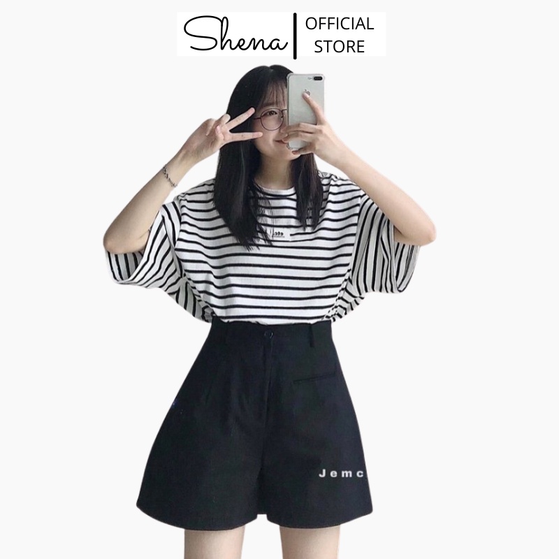Bộ Áo Sọc Ngang Tay Lửng Quần Cạp Cao Shena SP000107