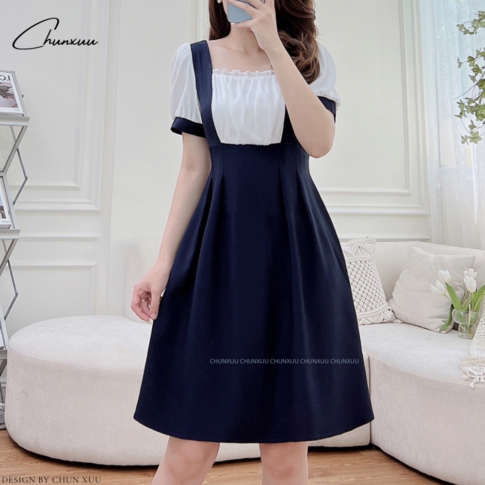 Váy nữ dáng xòe thiết kế cổ vuông phối voan bèo chiết li eo tiểu thư chất vải đẹp ChunXuu V10