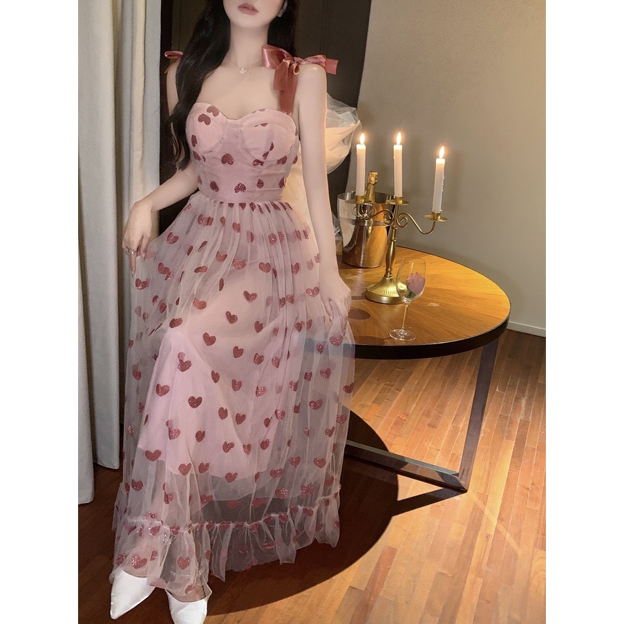 Đầm 2 dây lưới hồng trái tim cột nơ vai công chúa ulzzang