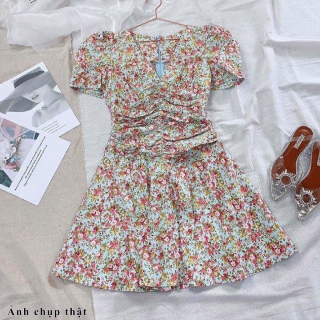 Váy Hoa Nhí Thiết Kế, vay hoa dúm bụng cổ V phong cách trẻ trung thanh lịch - H&amp;N Store