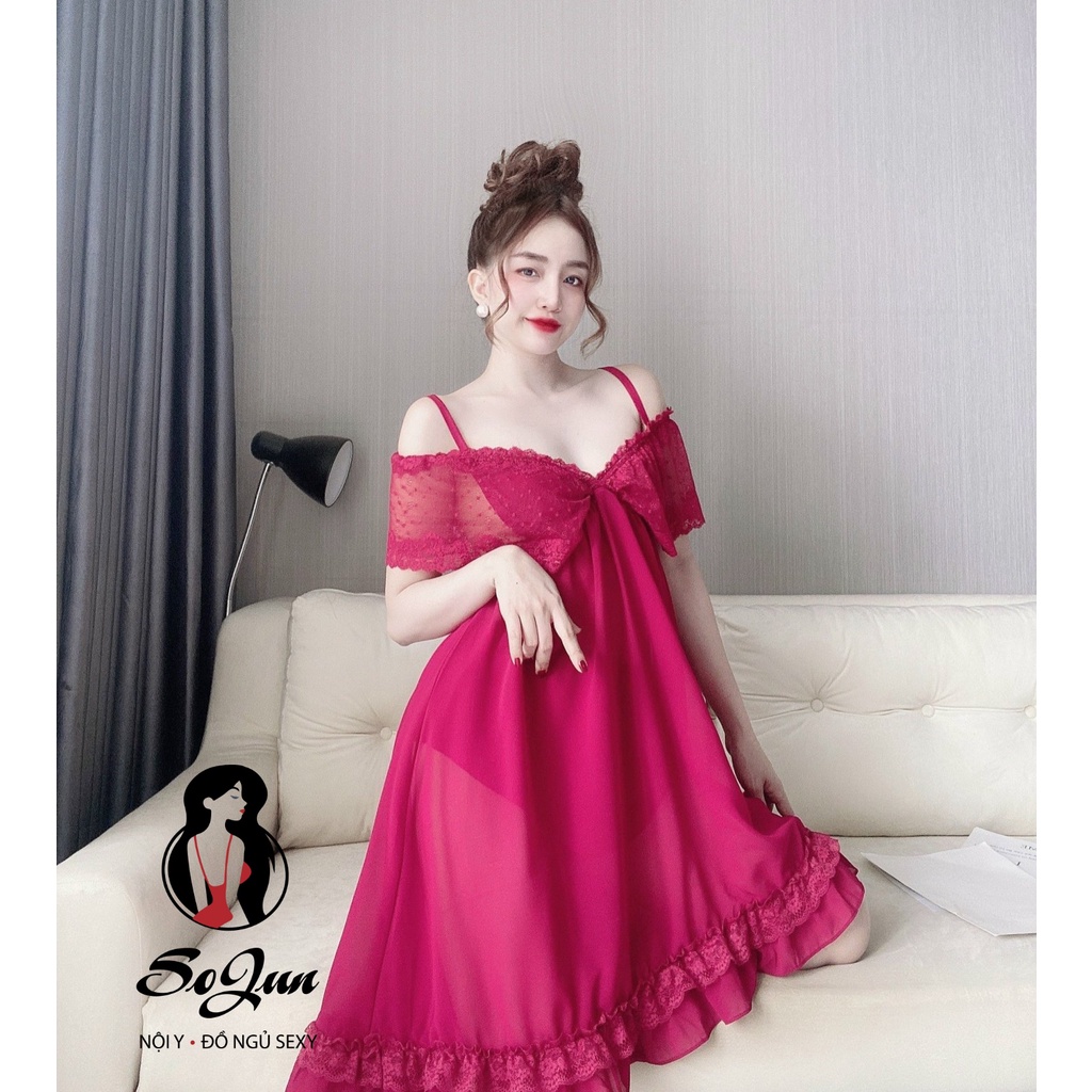 Váy Ngủ Nữ SOJUN Vải Chiffon Bẹt Vai Kèm Quần Dưới 70Kg