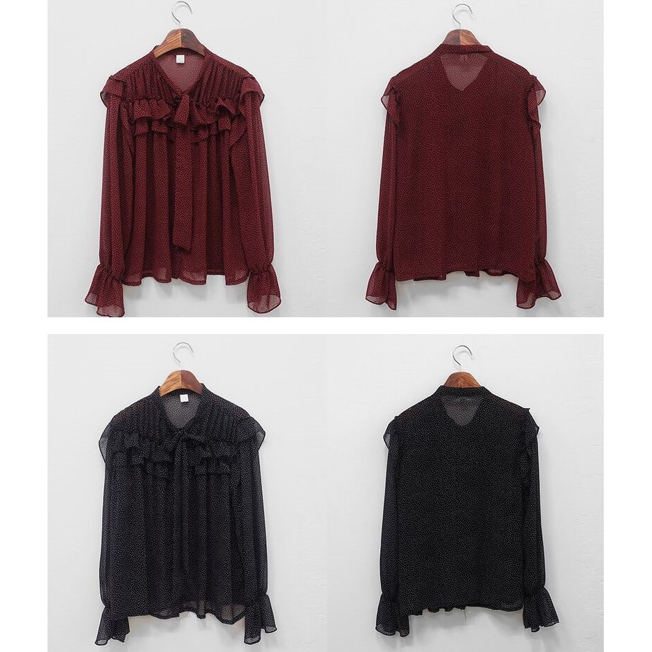 Áo voan tay dài phối bèo họa tiết chấm bi thanh lịch 27588