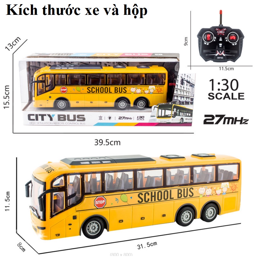 Xe ô tô School bus điều khiển từ xa sóng 27mhz sử dụng pin AA có đèn sáng mô hình bằng nhựa tỉ lệ 1:30