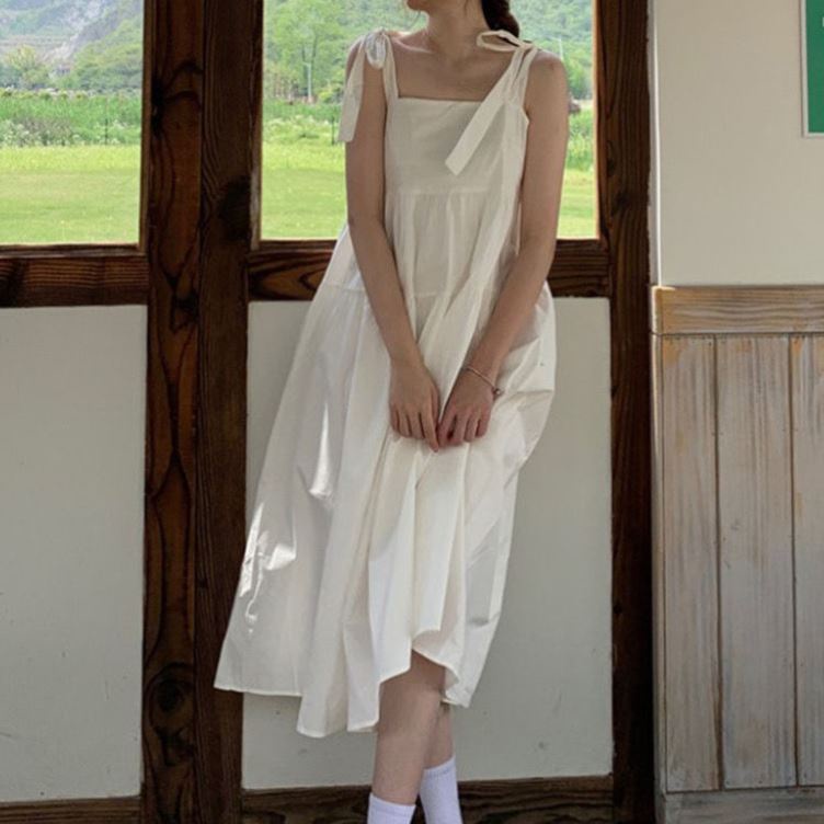 SUV003 Váy babydoll dáng dài 2 dây bản to thắt nơ xanh trắng form rộng Đầm bầu hai dây maxi 2 tầng buộc dây trơn suông