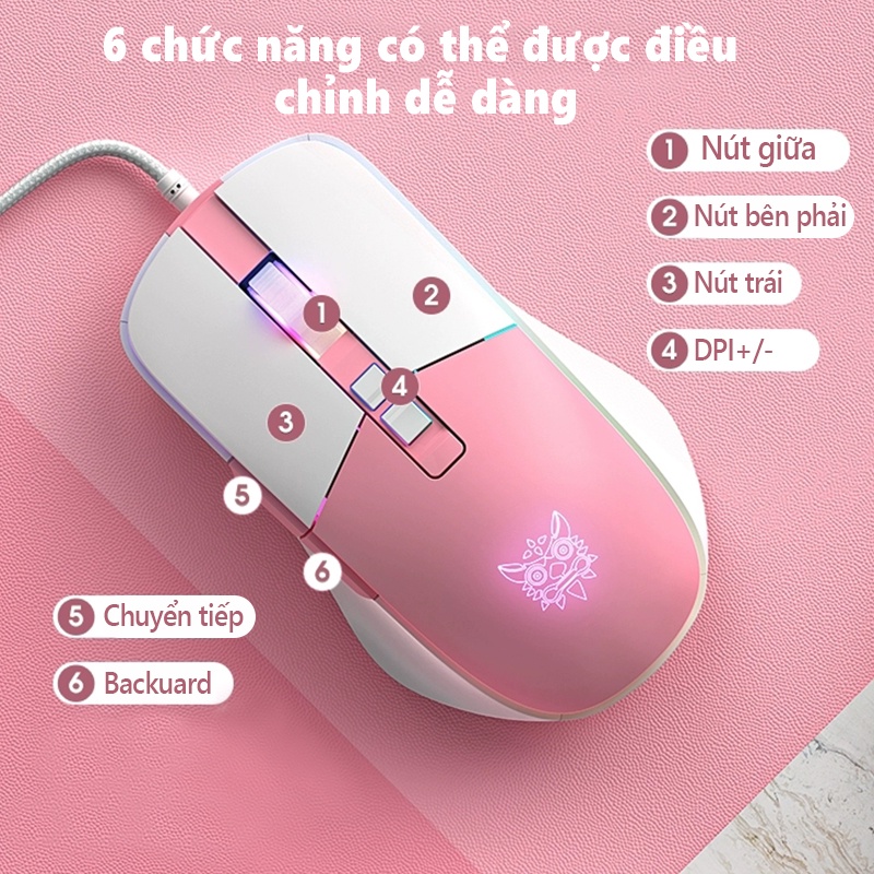 Chuột chơi game có dây ONIKUMA CW916 màu hồng trắng với đèn RGB