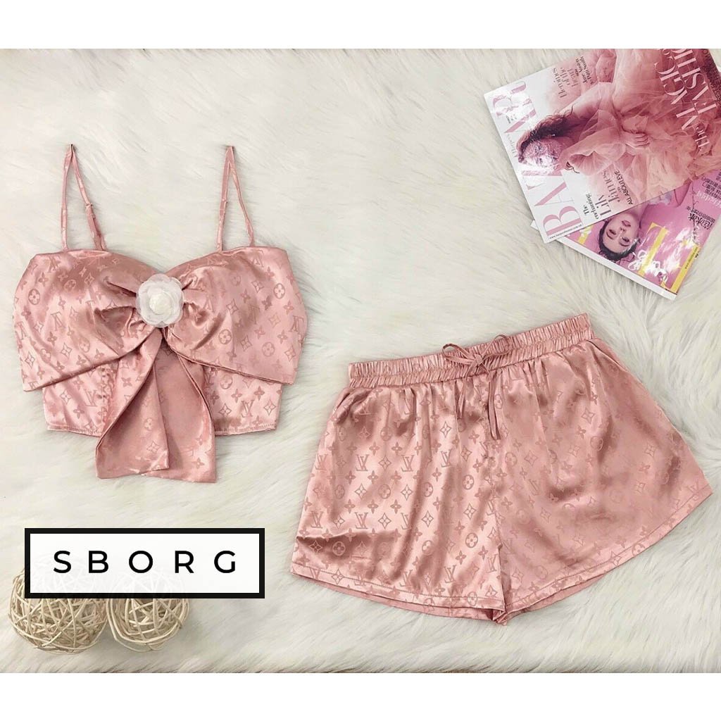 Đồ ngủ 2 dây SBORG Đồ bộ mặc nhà lụa latin cao cấp viền bèo ren mi quần đùi có nơ sexy freesize 55kg quà tặng vợ