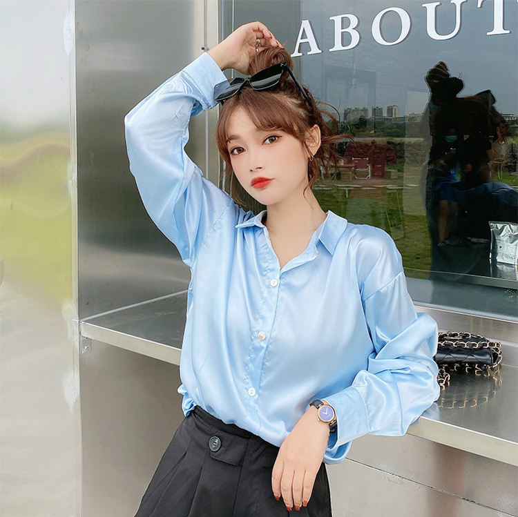 Áo sơ mi SUXI tay dài màu trơn dáng rộng hợp thời trang cho nữ