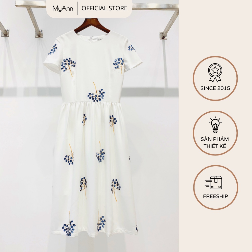 Váy xòe dáng dài MyAnn Amy, cổ tròn chất liệu lụa Crepe cao cấp, thoáng mát, họa tiết thanh lịch sang trọng