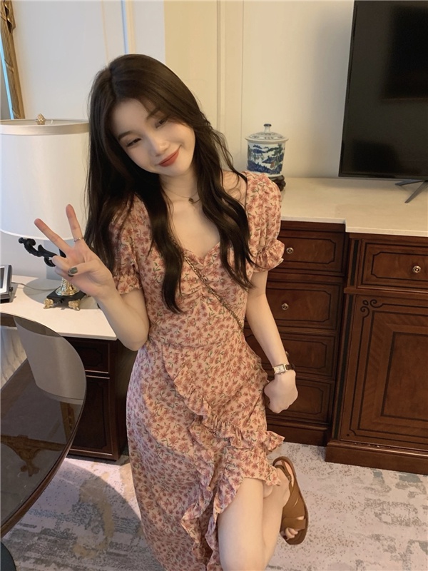 Đầm Voan Hoa Cổ Chữ V Tay Phồng Xẻ Tà Thời Trang Pháp Sang Trọng Cho Nữ 52883