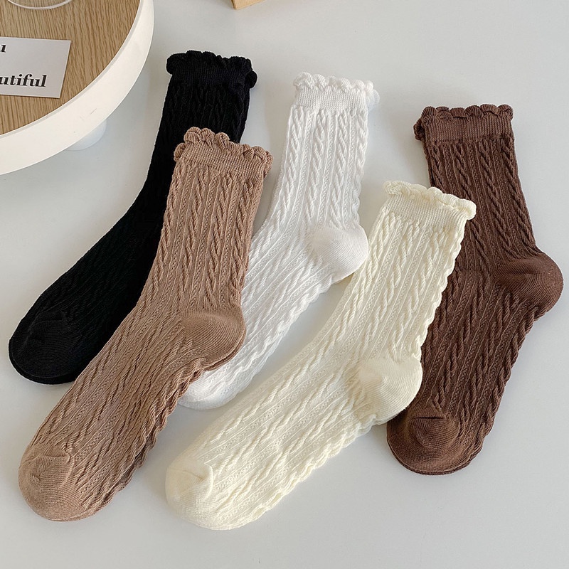 Vớ Cotton Thoáng Khí Thoải Mái Phối Ren Màu Trơn Họa Tiết Kẻ Sọc Dễ Thương Phong Cách Nhật Bản Cho Nữ