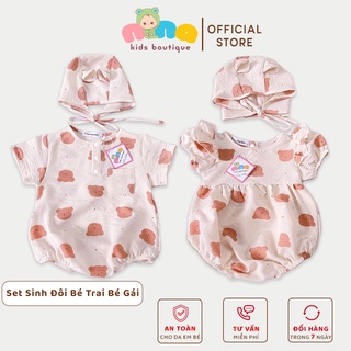 Set body sinh đôi cho bé trai bé gái Nina Kids Boutique Body cộc tay hình gấu Size 0m 24m Kèm mũ