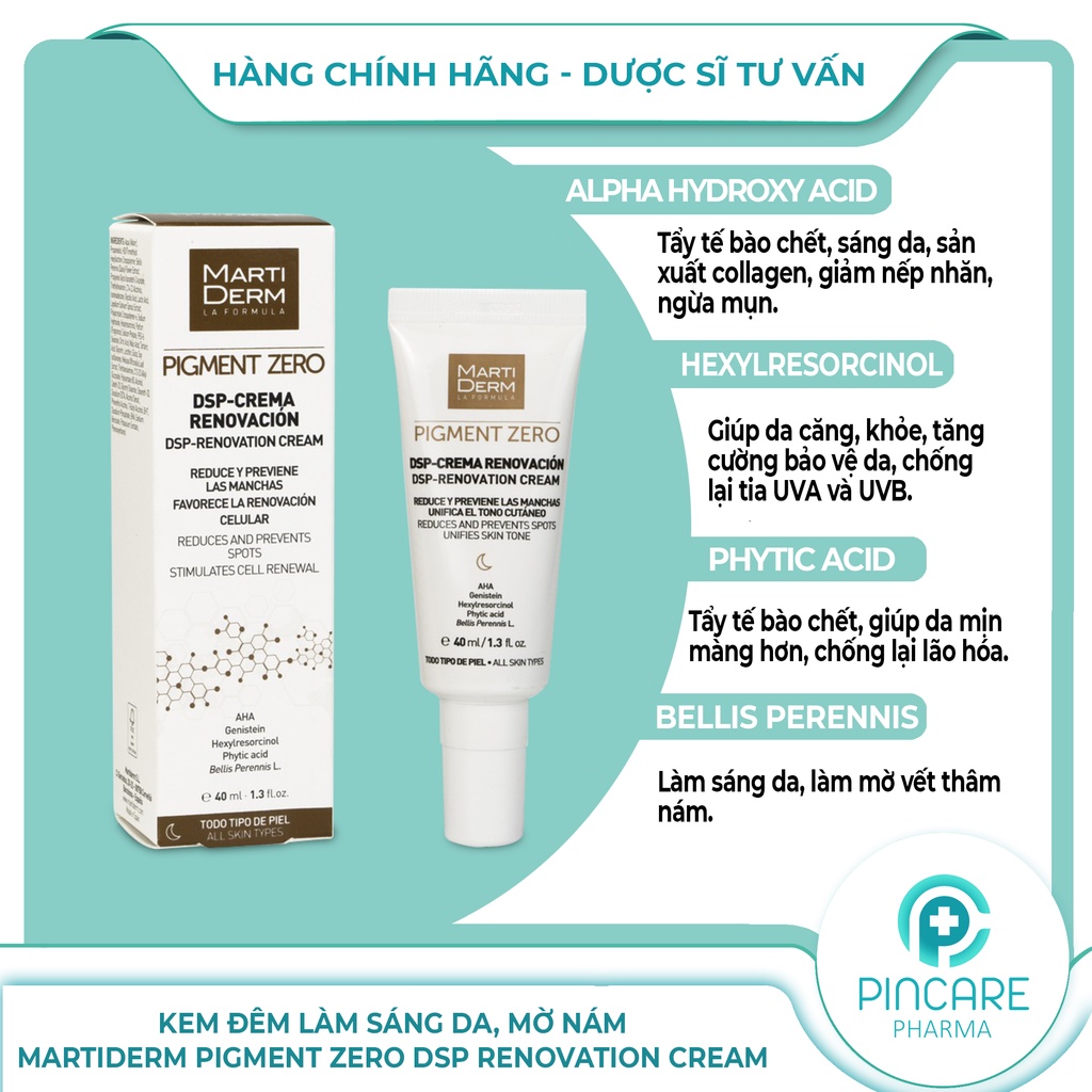 Kem dưỡng da ban đêm MartiDerm PigMent Zero DSP Renovation Cream 40ml làm sáng da, mờ thâm - Hàng chính hãng - Pincare