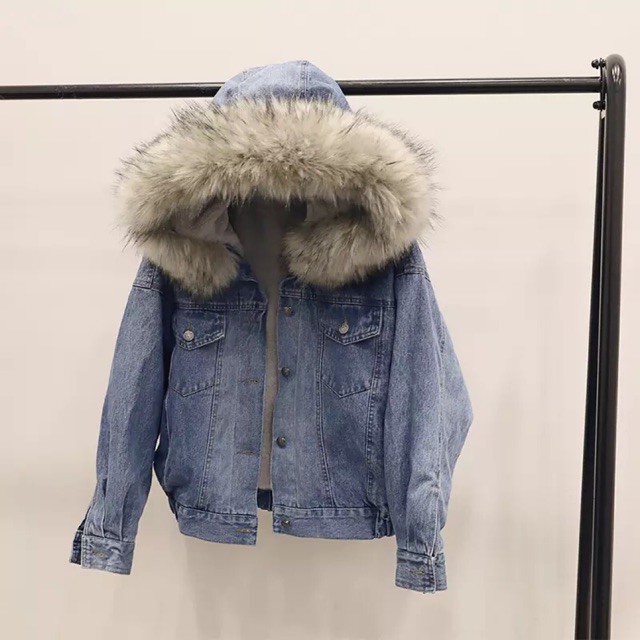Ulzzang Áo khoác bò mũ lông lót lông M143-1 HQ