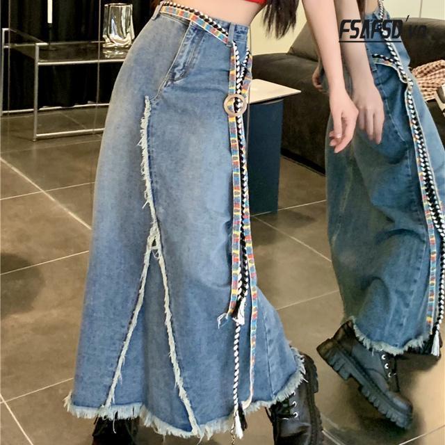 Chân Váy Denim Dài Dáng Chữ A Lưng Cao Màu Xanh Dương Phong Cách Retro Mỹ Thời Trang Mùa Thu Mới Dành Cho Bạn Nữ