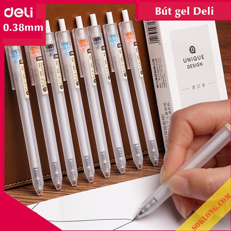 Bút mực gel Deli A115 nét 0.38mm B54, bút bi bấm mực đen thân trong suốt đẹp mắt