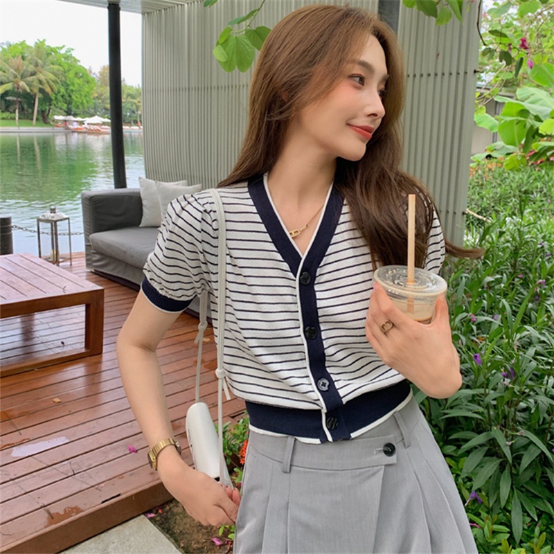 Áo Cardigan Ngắn Tay Kẻ Sọc Màu Sắc Trơn Phong Cách Retro Hàn Quốc