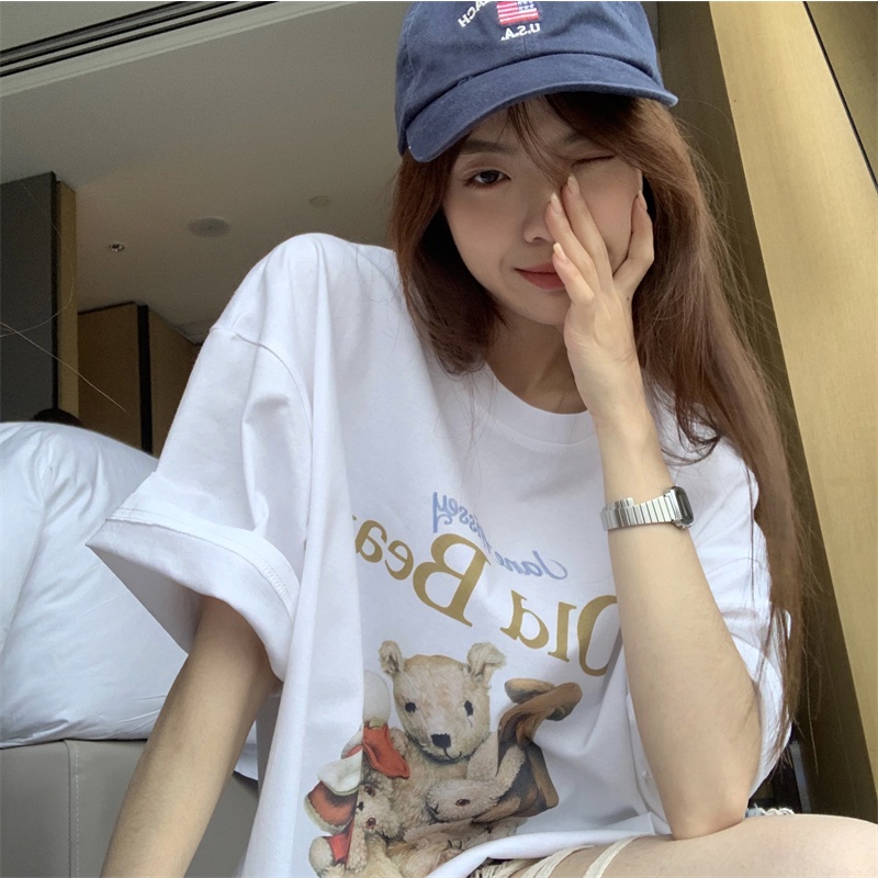 Áo thun SUXI tay ngắn cổ tròn dáng rộng in họa tiết hoạt hình phong cách Hàn Quốc