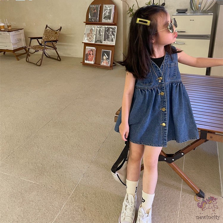 Đầm Denim Sát Nách Phối Túi Phong Cách Retro Hàn Quốc Cho Bé Gái