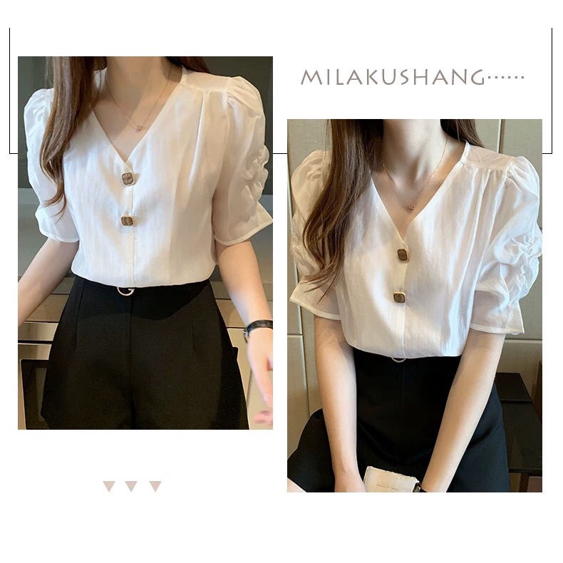 Áo Kiểu Nữ Chiffon Tay Ngắn Phồng Cổ Chữ v Thời Trang Áo Sơ Mi Dáng Rộng Phong Cách Phương Mùa Hè Nữ 2022