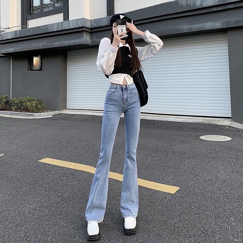 Quần jean ống loe cạp cao co giãn tôn giáng