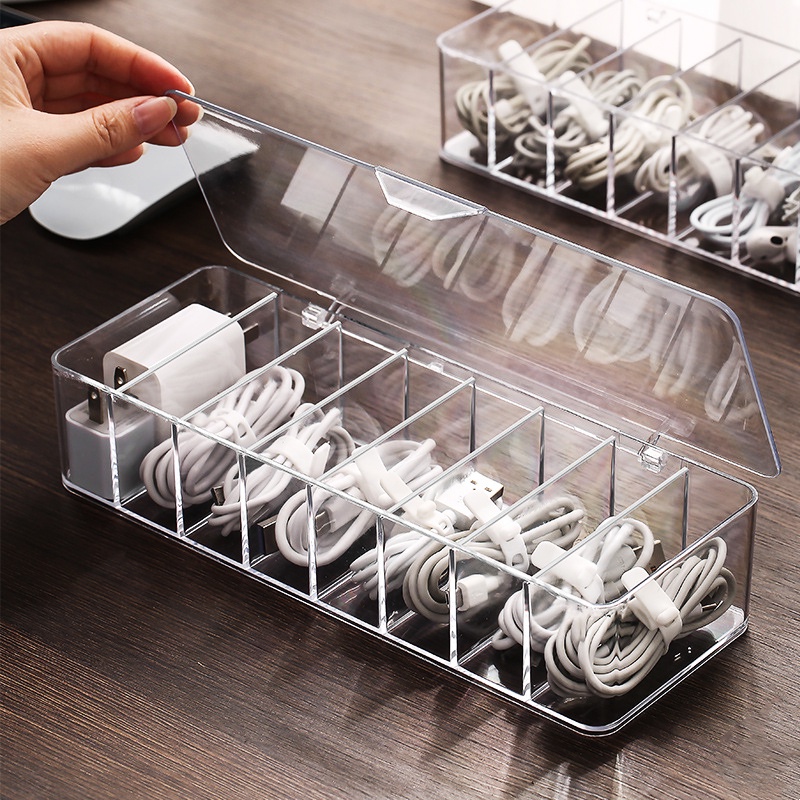 Hộp Nhựa Trong Suốt 8 Ngăn Đựng Dây Cáp Dữ Liệu Để Bàn Tiện Lợi