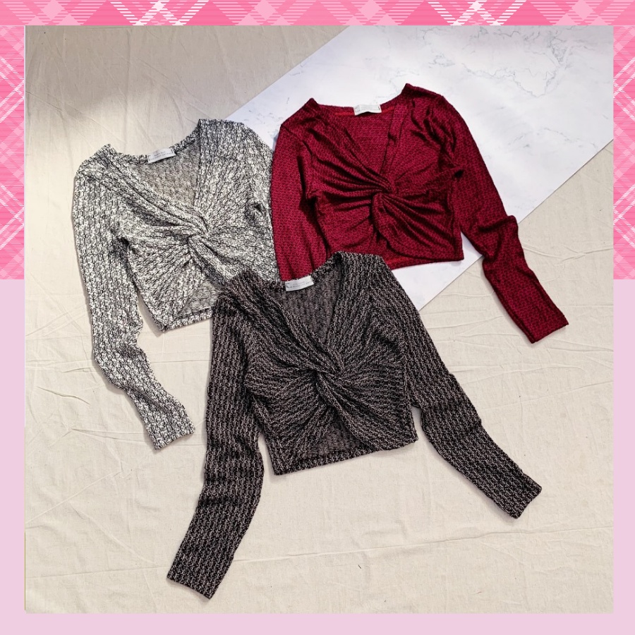 Áo Thun Croptop Tay Dài Xoắn Ngực Thun Gân Co Dãn Tốt