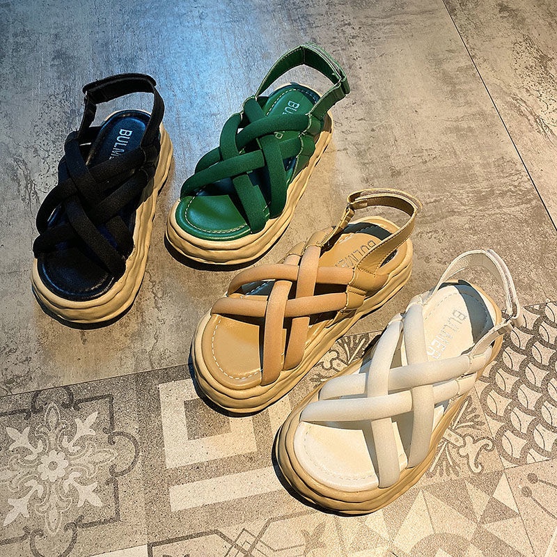 Giày Sandal Thể Thao Đế Dày Dây Chéo Màu Xanh Lá Cây Phong Cách Mới Cho Nữ