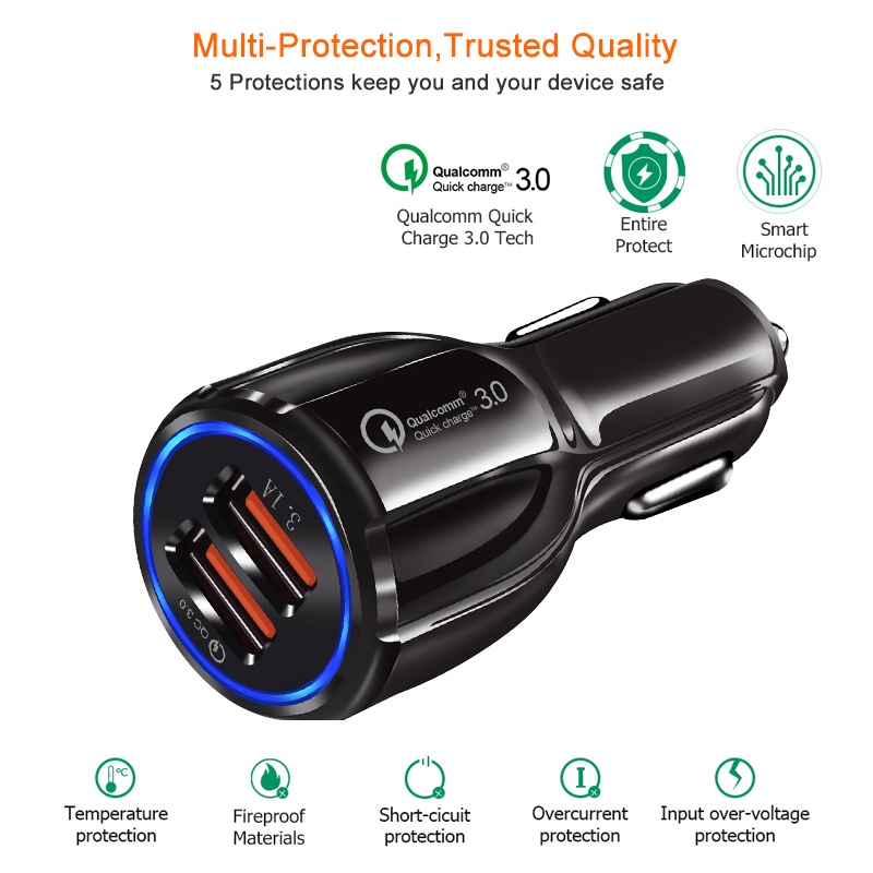 Tẩu Sạc Nhanh QC 3.0 Hai Cổng USB Và Cáp USB Kép Cho Điện Thoại Di Động | BigBuy360 - bigbuy360.vn