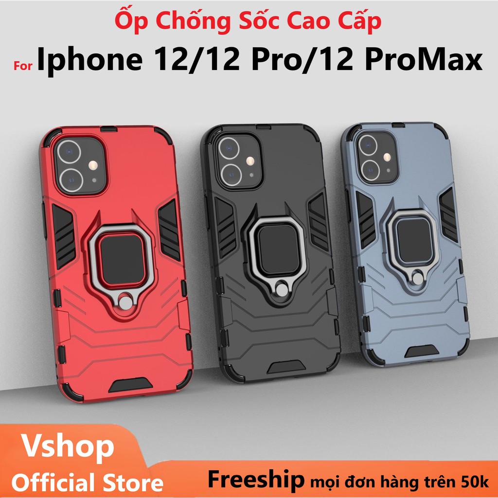 Ốp Iphone 12 ProMax/12 Pro/ 12 chống sốc cao cấp kèm nhẫn ring xoay 360 độ xem video