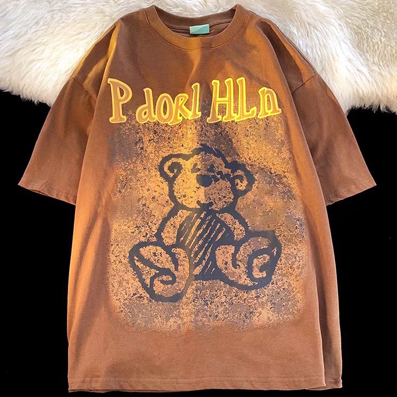 Áo Thun Cotton Tay Ngắn Cổ Tròn In Họa Tiết Gấu Hoạt Hình Graffiti Phong Cách Hàn Quốc Thời Trang Dành Cho Nam