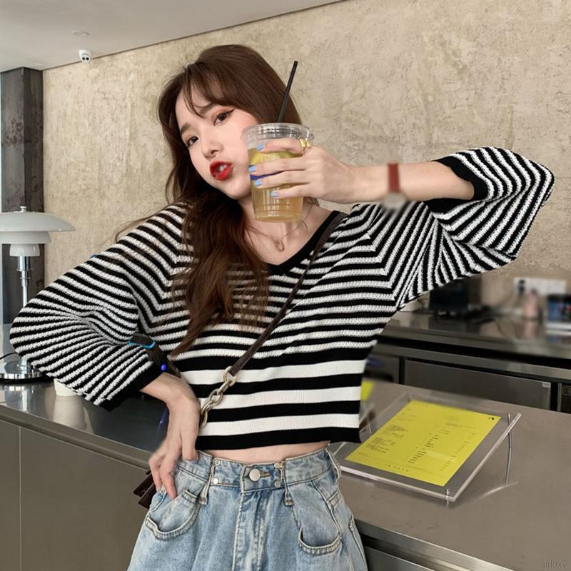 Áo Croptop Dệt Kim Tay Dài Cổ Chữ V Phong Cách Hàn Quốc
