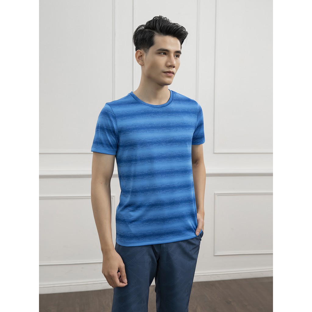 Áo thun nam ngắn tay không cổ ARISTINO phom Regular fit, họa tiết kẻ ngang năng động, tinh tế - ATS012S1