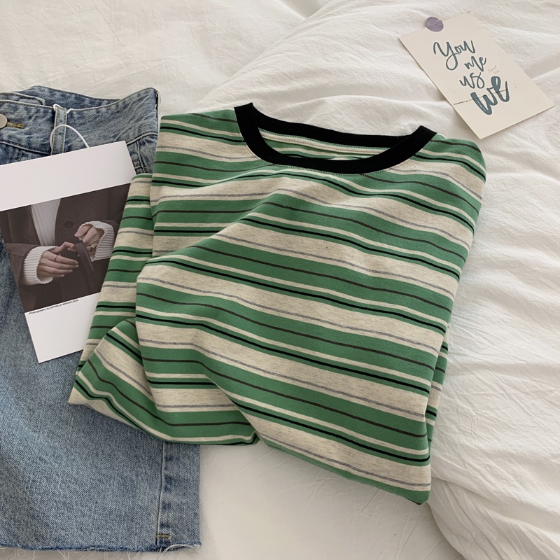 Áo Thun Tay Ngắn Cổ Tròn Họa Tiết Kẻ Sọc Phong Cách Hàn Quốc Thời Trang Cho Nữ