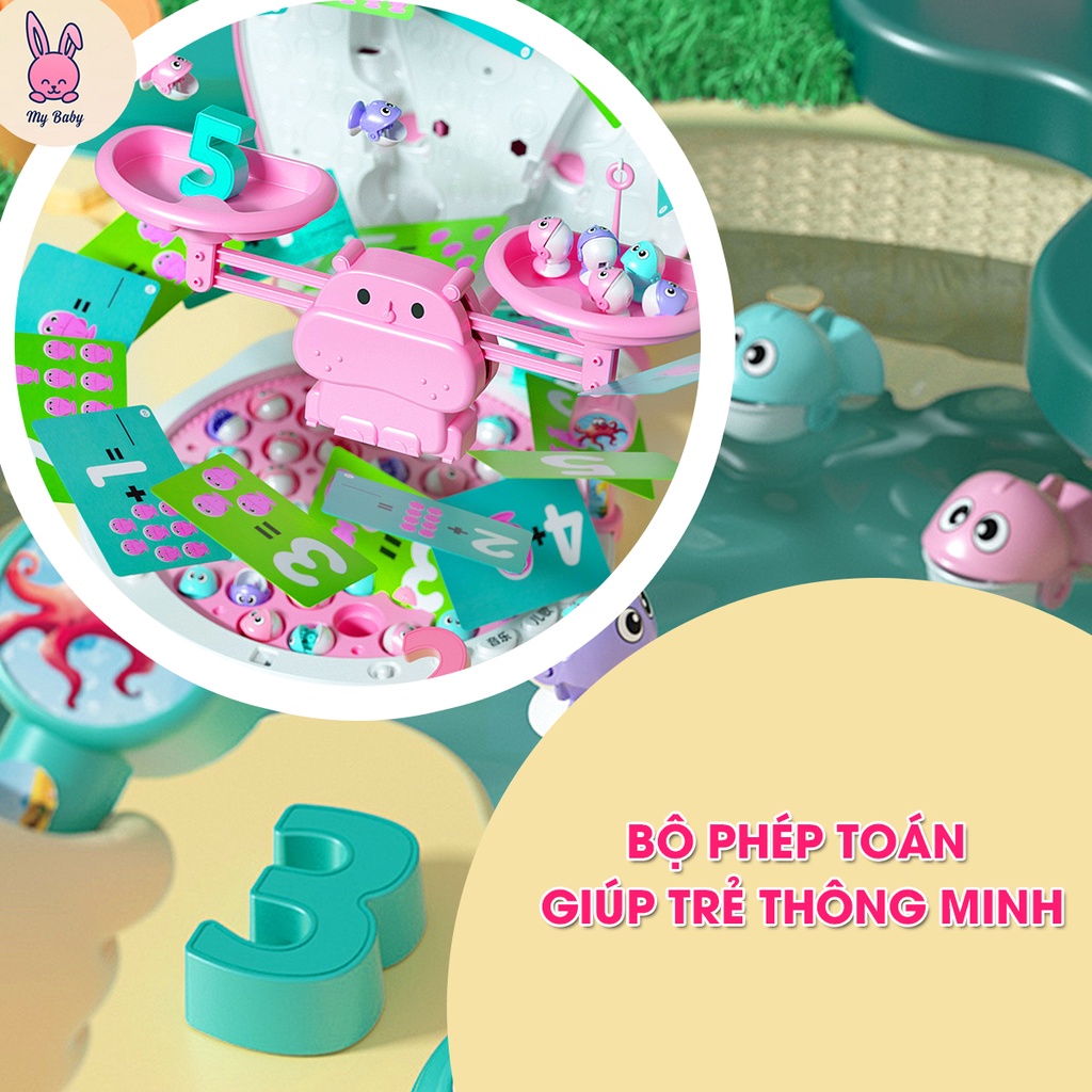 Câu cá điện cho bé 45 con cá, đi kèm 2 cần câu nam châm, 1 cân và bộ phép tính, Tặng kèm 3 pin AA, Mybaby