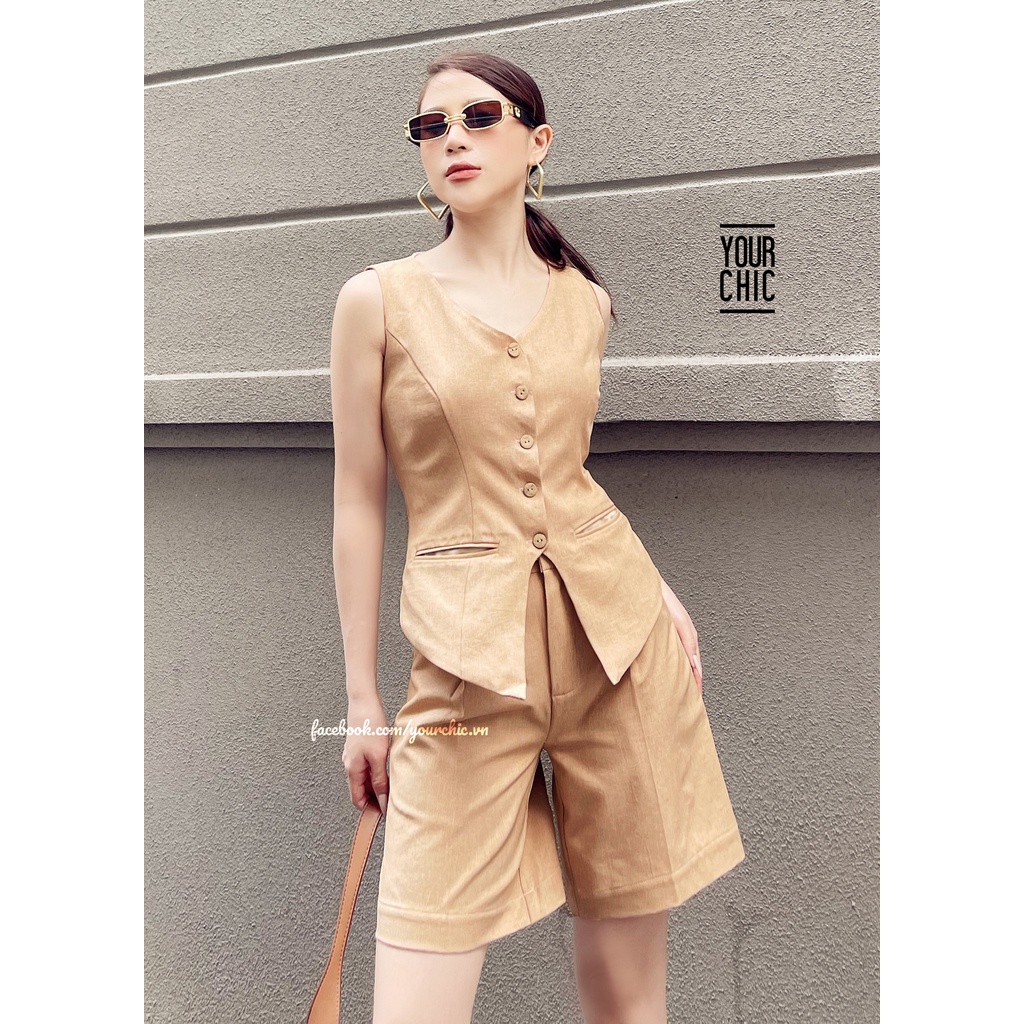 Set áo gile quần short / quần dài suông nude có tách lẻ