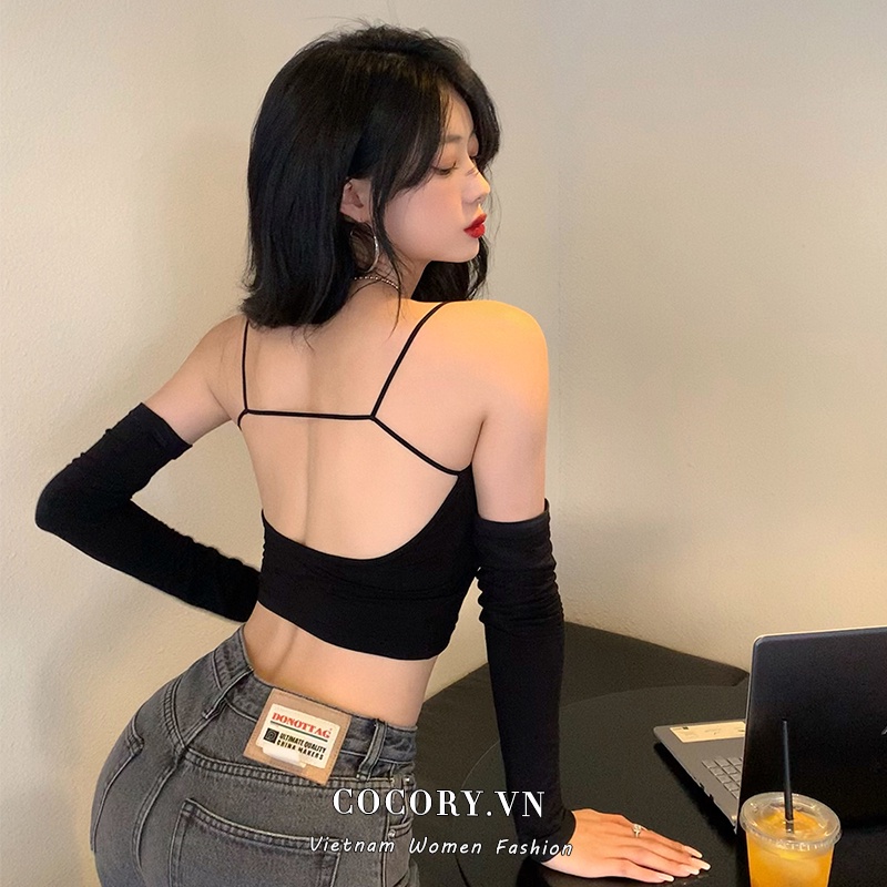 Cocory vn Áo Croptop Tay Dài Trễ Vai Thiết Kế Hở Lưng Quyến Rũ