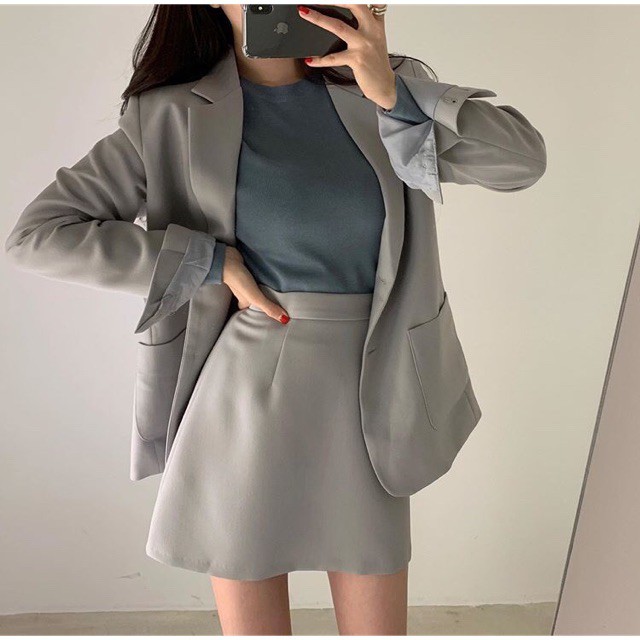 set ulzzang công sở áo vest + chân váy màu đen kem size S M(kèm ảnh thật)