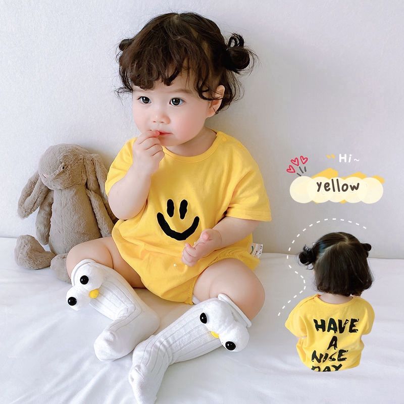 Áo liền quần ngắn tay họa tiết mặt cười thời trang Hàn Quốc cho bé 0-3 tuổi