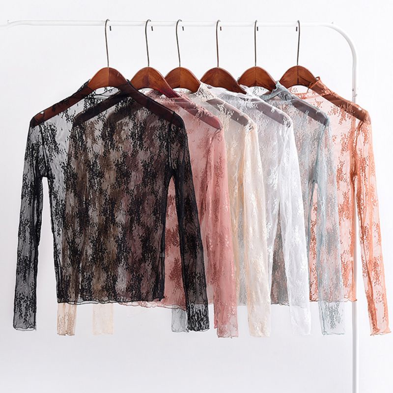 Xiangbao Áo Lưới Tay Dài Cổ Giả Xuyên Thấu Cơ Bản Thời Trang Xuân Hè Cho Nữ C