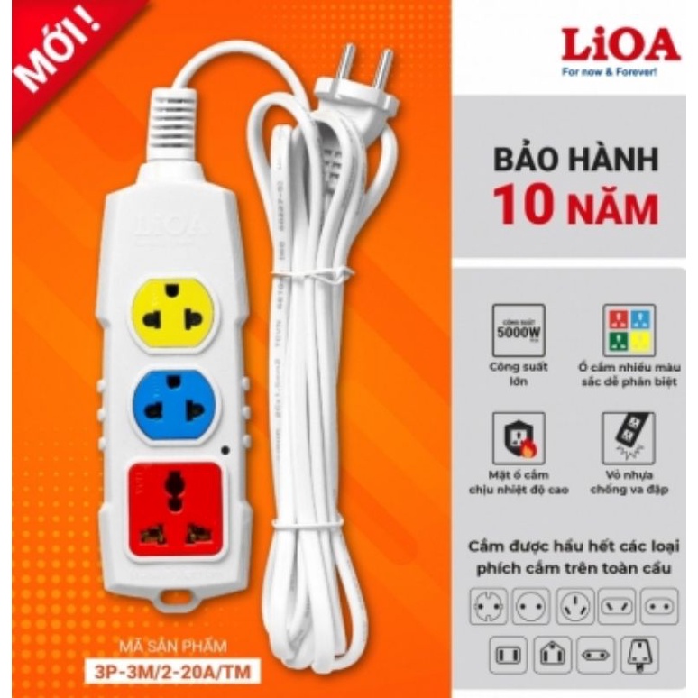 Ổ cắm điện LiOA siêu tải (2 lõi) 3 lỗ, 4 lỗ công suất lớn có dây 3m/5m