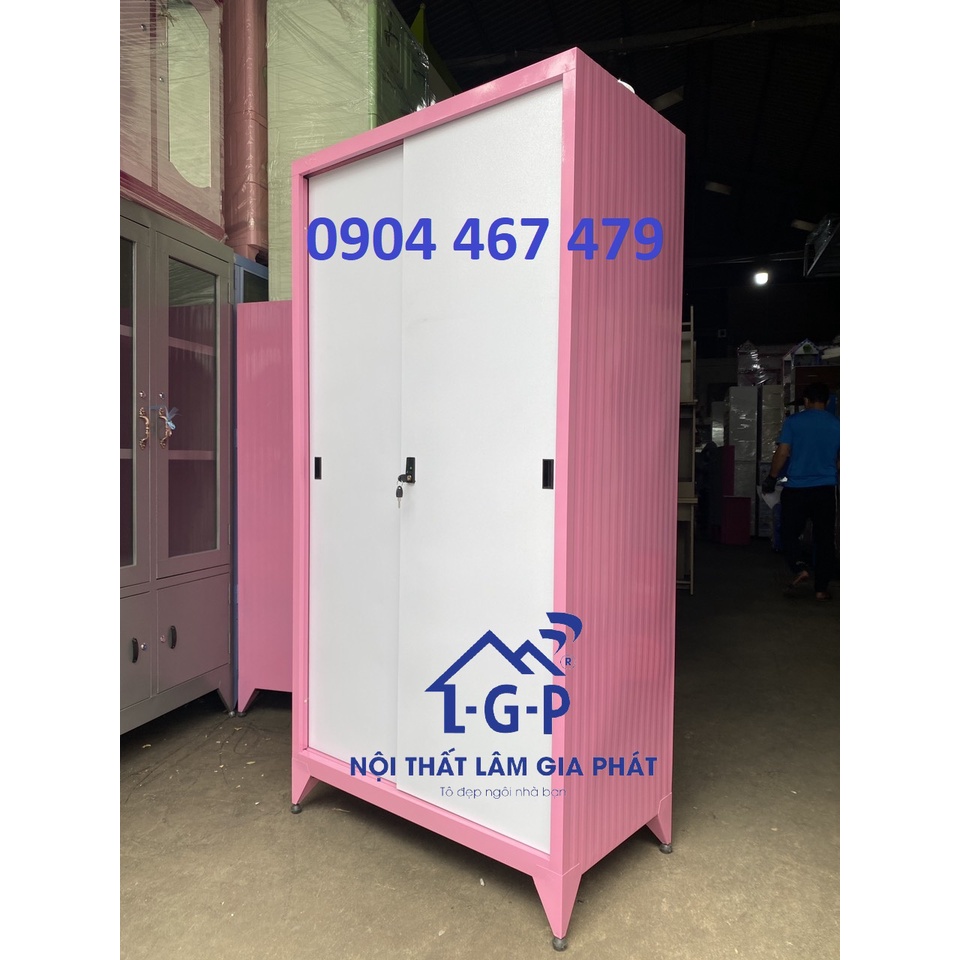 Tủ sắt cửa lùa 2 cánh sơn tĩnh điện màu hồng mới
