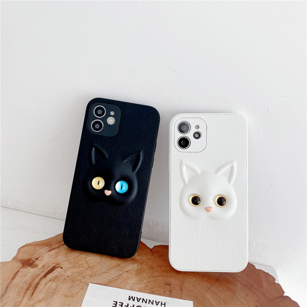 Ốp điện thoại da giả hình mặt mèo 3D xinh xắn cho iPhone 11 12 Pro Max Mini 12pro Se 2020 X Xs Max Xr 8 7 6 6s Plus