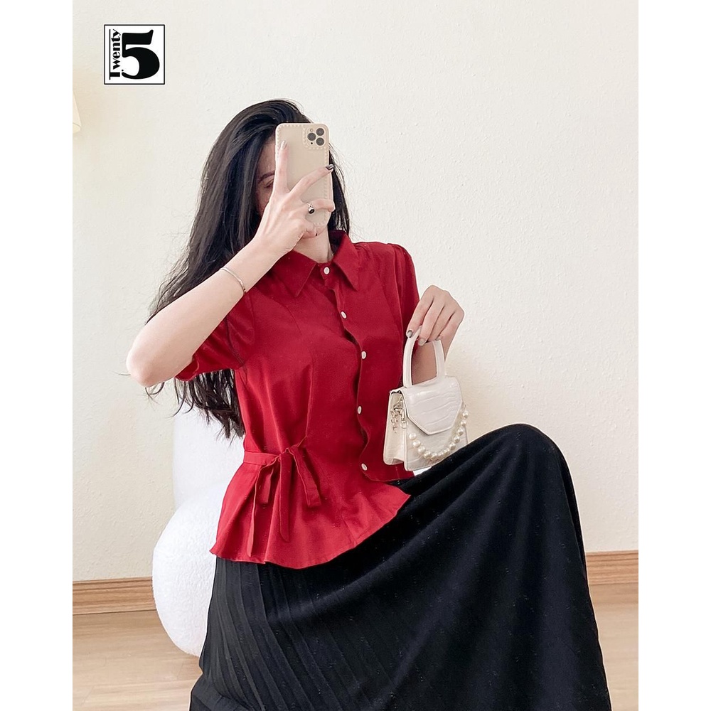 Áo kiểu sơ mi công sở nữ tay bồng dây thắt nơ 2 bên eo Twentyfive TA2