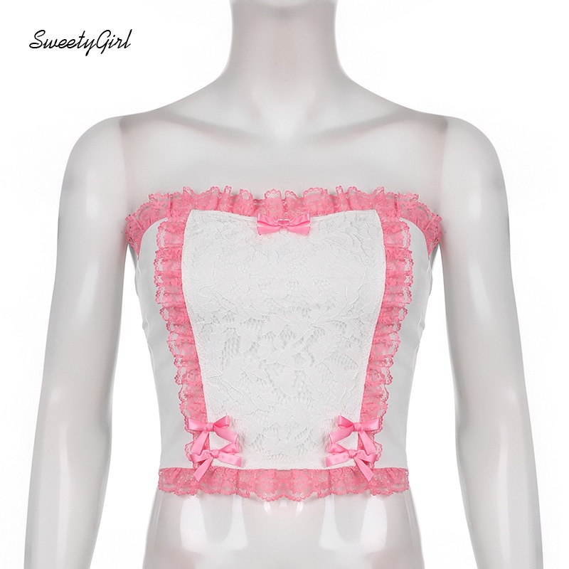 Áo Ống Phối Ren Đính Nơ Màu Sắc Tương Phản 2022 Thời Trang