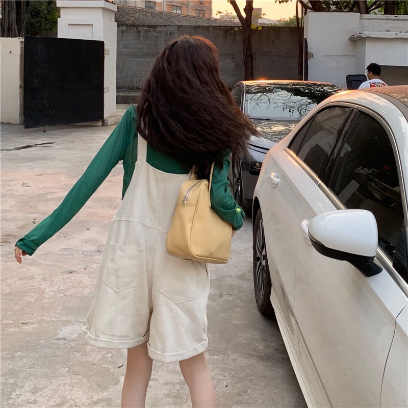 Quần yếm vải corduroy ống rộng lưng cao phong cách hoài cổ Hàn Quốc