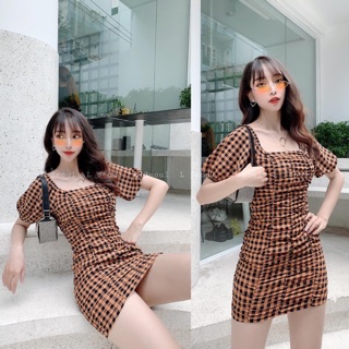 ĐẦM BODY NHÚN CARO CAM TAY PHỒNG