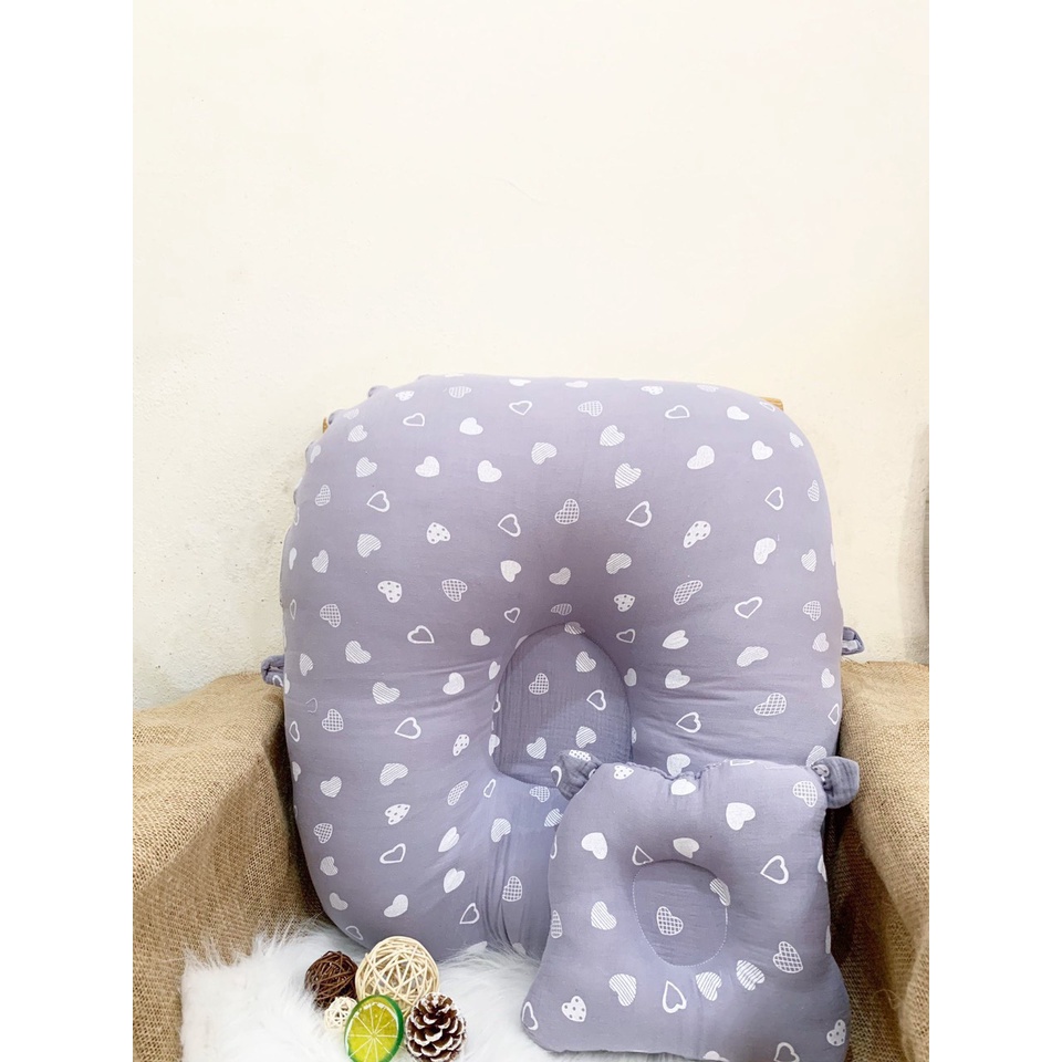 Gối chống trào ngược Muslin siêu mềm cho bé sơ sinh kèm gối nhỏ