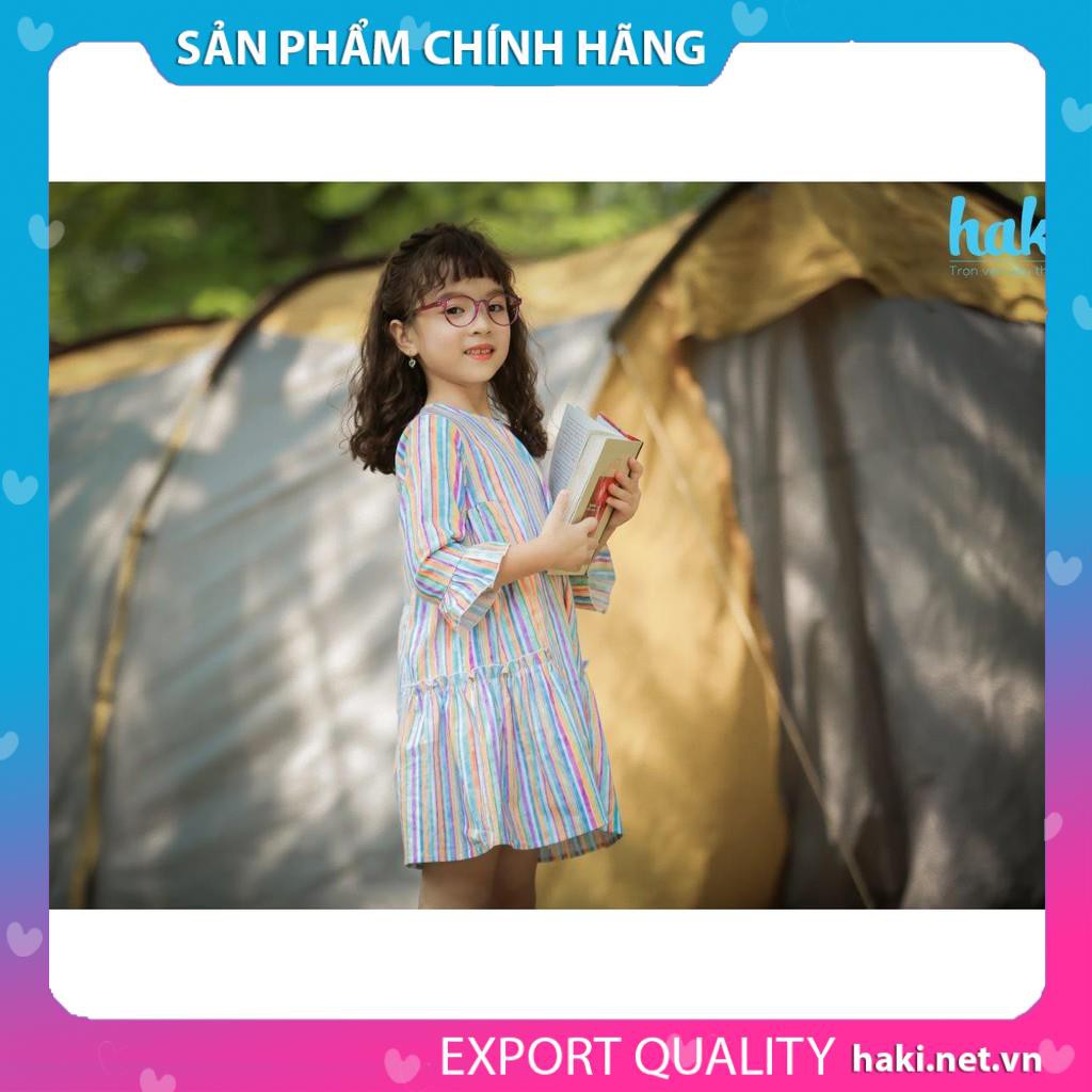 Váy bé gái thô nhún sườn hai tầng - kẻ sắc màu - Haki-HK494